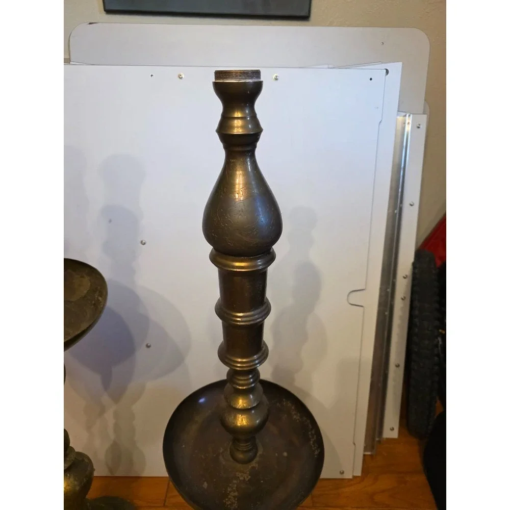Moroccan Etched Brass Pillar Floor Altar Candlesticks Candle Holders Set Vintage